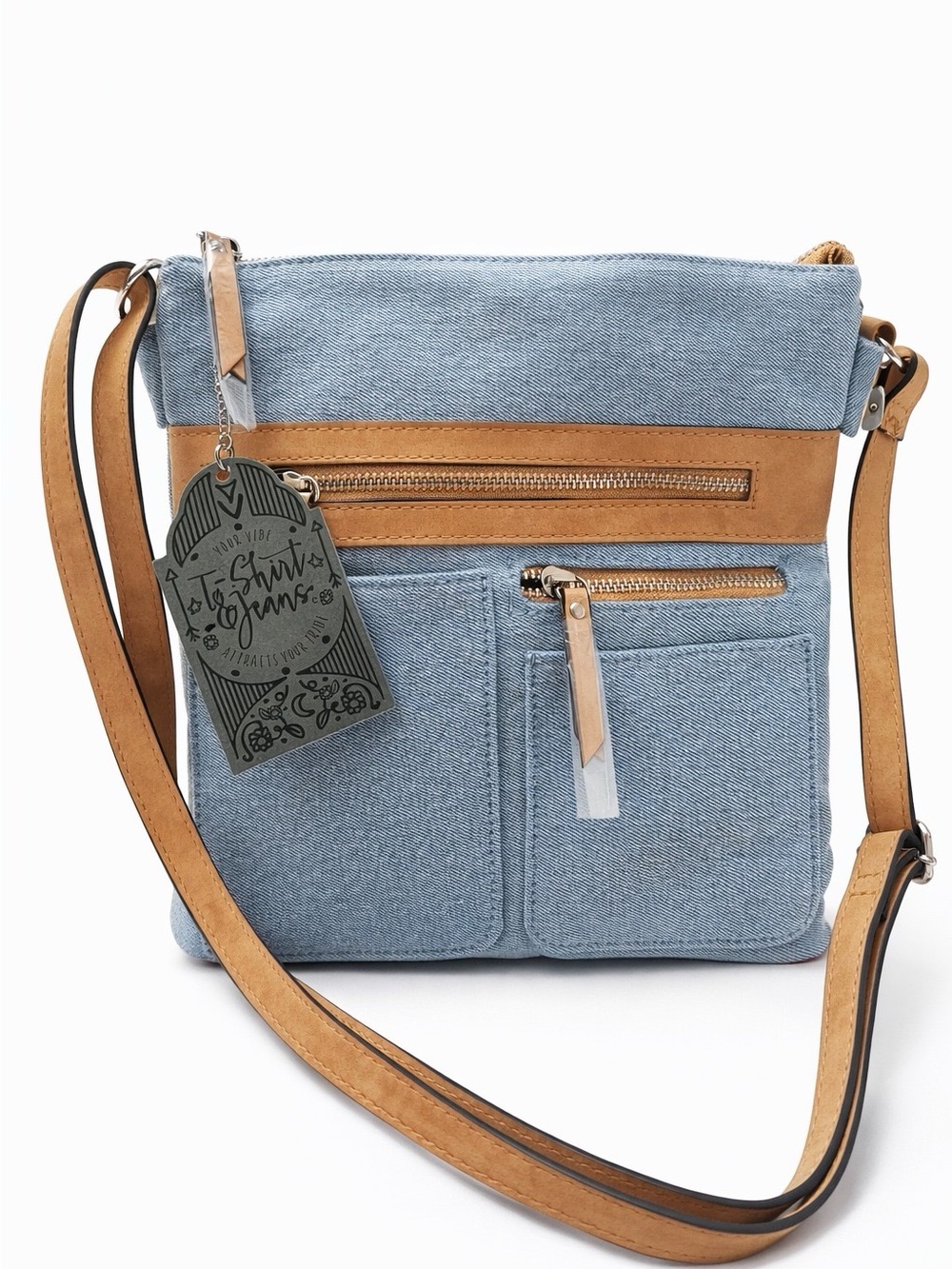 T-Shirt & Jeans Light Blue Denim Crossbody with Tan Trim